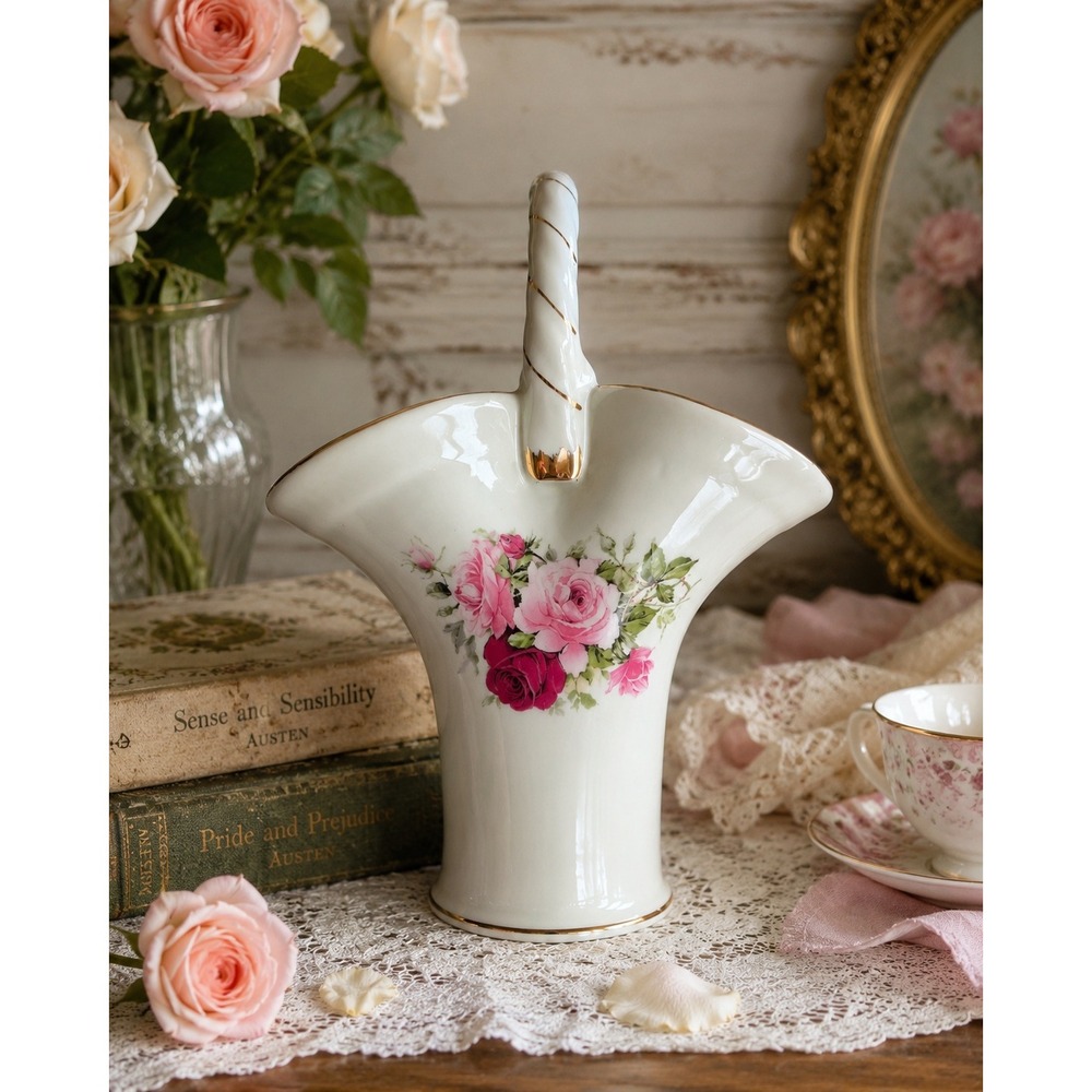 Formalities by Baum Bros Pink Rose Floral Porcelain Basket Vase Gold Trim 9"